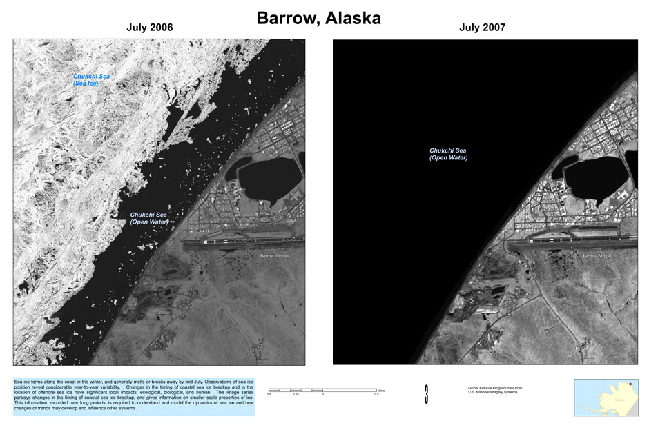 Photos of the Alaskan port of Barrow in July 2006 as compared to July 2007