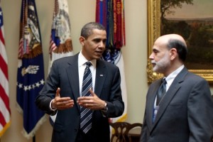 President Barack Obama confers with Federal Reserve Chairman Ben Bernanke following their meeting  at the White House, April 10, 2009. (White House Photo/Pete Souza)