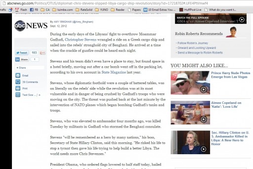 ABC News Page: "Diplomat Chris Stevens Slipped Into Libya on a Cargo Ship During Revolution - ABC News" at 9/12/2012 9:46 PM A Screen Capture of ABC News Page: "Diplomat Chris Stevens Slipped Into Libya on a Cargo Ship During Revolution - ABC News" at 9/12/2012 9:46 PM