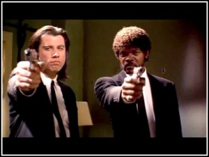 Samuel L. Jackson and John Travolta in "Obama Biden Gun Control"