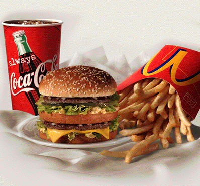 Ronald McDonald says: "Cut this sammy into quarters, eat 10 fries and only drink a palmful of this delicious drink! Last ya four days!"